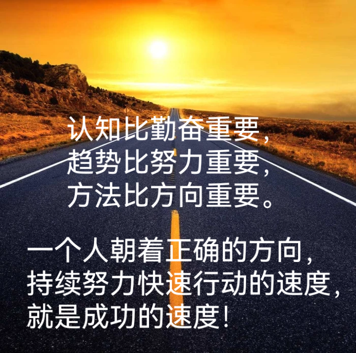 认知比勤奋重要，
趋势比努力重要，
方法比方向重要。
一个人朝着正确的方向，
持续努力快速行动的速度，
就是成功的速度！
