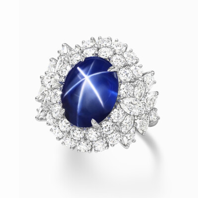 Harry Winston 高级珠宝系列「Marvelous Creations」灵感源于自然界的广袤生灵。Marvelous Creations铂金戒指，点缀榄尖形和圆形明亮式切割钻石 1 主石为一颗13.48ct椭圆形弧面切割星光蓝宝石 2 主石为一颗7.60ct椭…