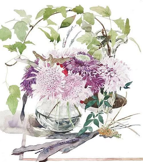 日本柘植彩子AyakoTsuge的花卉静物水彩画作品。