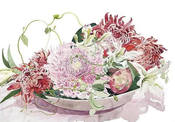 日本柘植彩子AyakoTsuge的花卉静物水彩画作品。