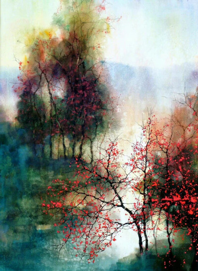 树木水彩画，艺术家 Z. L. Feng