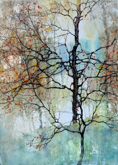 树木水彩画，艺术家 Z. L. Feng
