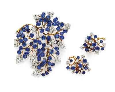 Van Cleef & Arpels 梵克雅宝 Fern 羊齿蕨金质胸针和耳钉 1947年 镶嵌圆形切割蓝宝石和钻石