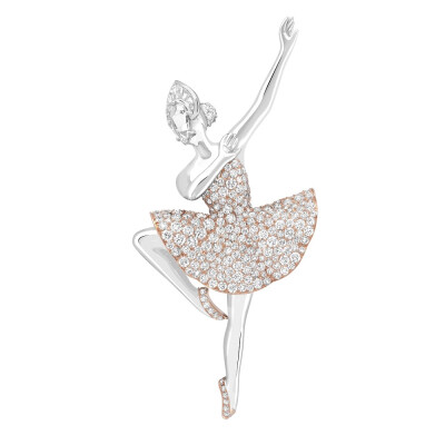 Van Cleef & Arpels 梵克雅宝 Dulcinea Ballerina 白金胸针 芭蕾舞伶面部镶嵌一颗水滴形玫瑰式切割钻石，点缀阶梯型切割和圆形切割钻石