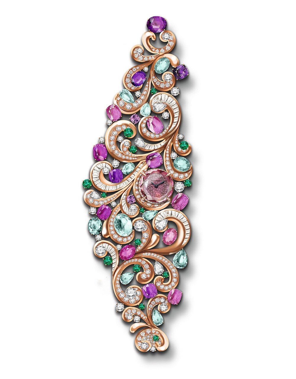 BVLGARI 宝格丽「Barocko」系列3枚独一款高级珠宝腕表，重现17世纪巴洛克时期标志性的阿拉伯藤蔓花纹 Lady Arabesque 从巴洛克建筑纹饰中汲取灵感，由玫瑰金打造，以圆形和长阶梯形钻石勾勒出纤长的藤蔓，缝隙间散落着粉色蓝宝石、紫色蓝宝石、帕拉伊巴碧玺和祖母绿