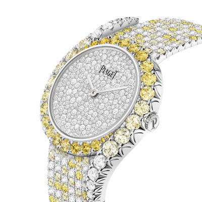 Piaget 伯爵「Sunlight」系列以「太阳的光芒」为灵感「正午」Limelight Gala Precious 珠宝腕表 白金表壳，直径32mm，镶嵌32颗总重4.70ct的圆形切割黄色蓝宝石，10颗总重0.90ct的圆形切割钻石，镶钻表盘，搭载 501P1…