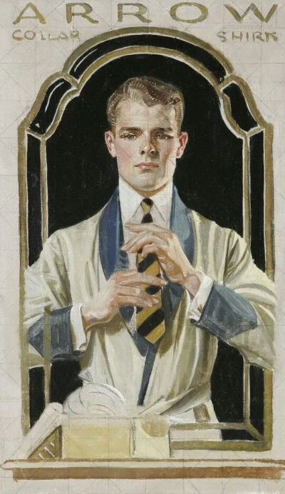 这位插画大师名叫 J.C.Leyendecker（莱恩德克），是20世纪前40年美国最重要的广告插画家。
他曾在法国求学，有着扎实的绘画功底，与同为商业插画大师的穆夏也有所交集。
