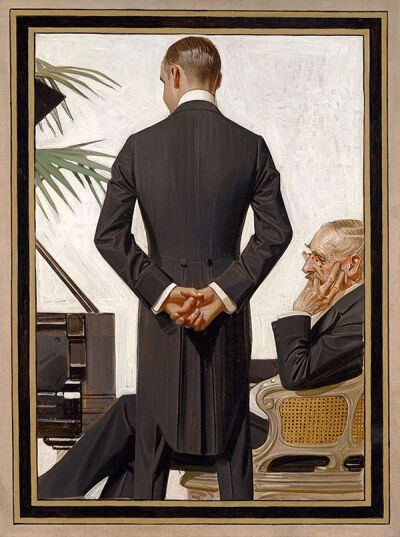 这位插画大师名叫 J.C.Leyendecker（莱恩德克），是20世纪前40年美国最重要的广告插画家。
他曾在法国求学，有着扎实的绘画功底，与同为商业插画大师的穆夏也有所交集。
