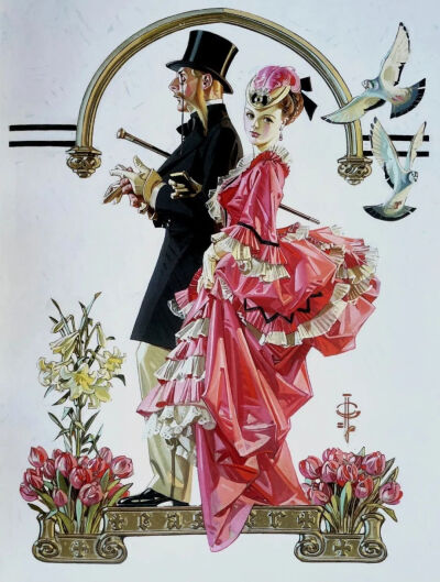 这位插画大师名叫 J.C.Leyendecker（莱恩德克），是20世纪前40年美国最重要的广告插画家。
他曾在法国求学，有着扎实的绘画功底，与同为商业插画大师的穆夏也有所交集。
