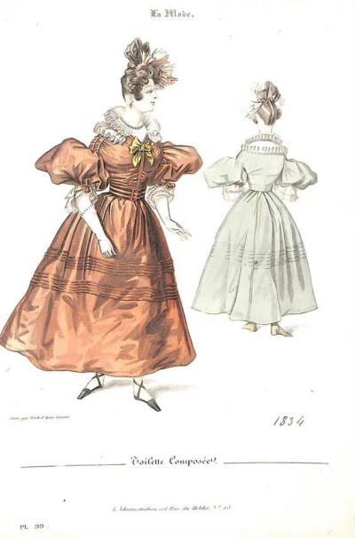 1830年代左右的女士服装中最显著的特点便是倾斜的肩部剪裁，以及夸张的大袖子，同时腰部收紧，凸显纤细的身型。受浪漫主义的影响，当时的女士长裙以淡雅的素色为主，配以精心缝制的花卉图案，花卉和条纹是比较流行的…