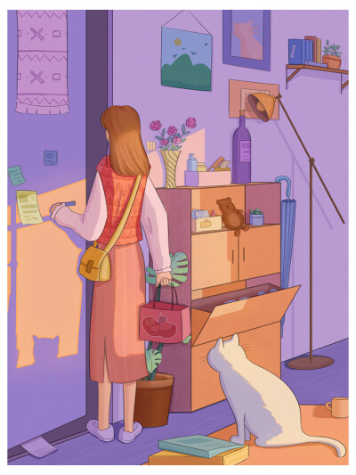 原创插画【独居生活】01
下班了，今天不知怎么感觉特别累，一个人实在没心思做饭，打包个外卖上楼吃，顺便解放一下双手吧