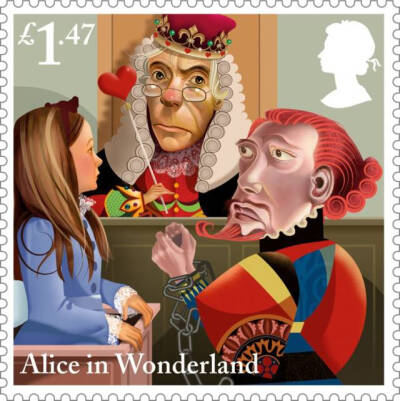 为庆祝英国作家刘易斯·卡罗尔（Lewis Caroll）的童话出版150周年，英国皇家邮政与著名插画家Grahame Baker-Smith合作，围绕着《爱丽丝梦游仙境》中的主要角色（如爱丽丝、白兔先生、柴郡猫）和经典场景，绘制10幅邮…