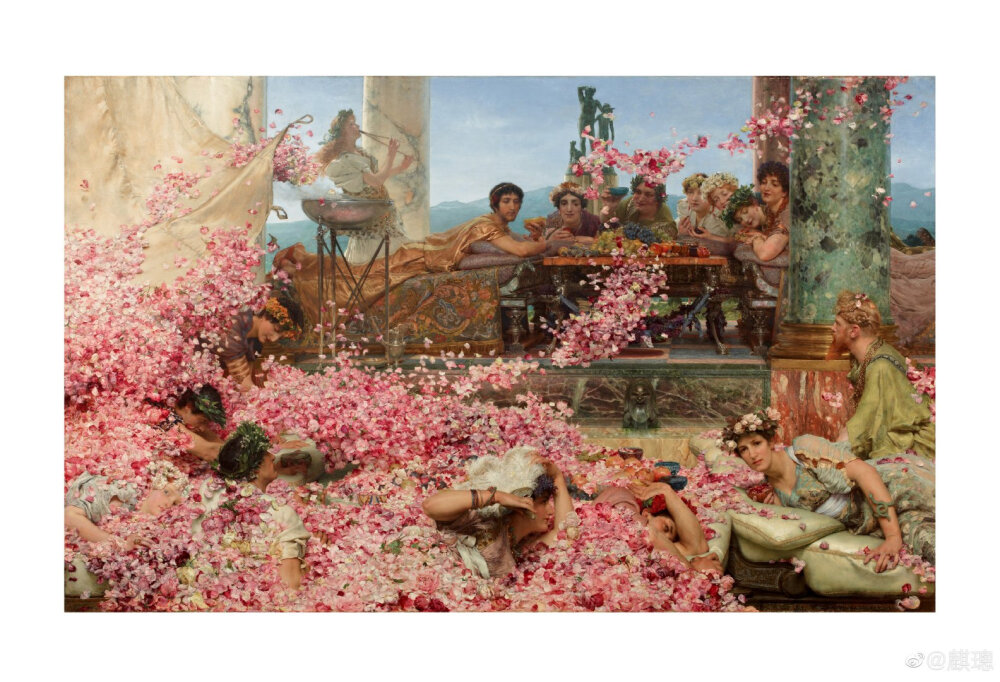 [cp]荷兰裔英国画家劳伦斯·阿尔玛-塔德玛（Lawrence Alma-Tadema，1836 – 1912）的布面油画作品《赫利奥加巴卢斯的玫瑰》（The Roses of Heliogabalus，1888），尺寸为132.1 cm × 213.9 cm，现为居住在墨西哥的西班牙商人与藏家胡安·安东尼奥·佩雷斯·西蒙（Juan Antonio Pérez Simón）的收藏。阿尔玛-塔德玛是英国维多利亚时代（Victorian era，1837 – 1901）著名画家，以描绘富丽堂皇的古罗马帝国（Roman Empire）场景而闻名画坛，被视为当时古典复兴的重要人物。
此画描绘的是《罗马帝王记》（Historia Augusta，非《罗马十二帝王传》）记载的古罗马少年皇帝埃拉伽巴路斯（Elagabalus，c. 203 – 222，218 – 222在位）举行的一场宴饮的故事，讲的是埃拉伽巴路斯（又名“赫利奥加巴卢斯”，Heliogabalus）用花朵制成的天花板把他的宾客埋葬，以至于许多宾客窒息而死：
Oppressit in tricliniis versatilibus 