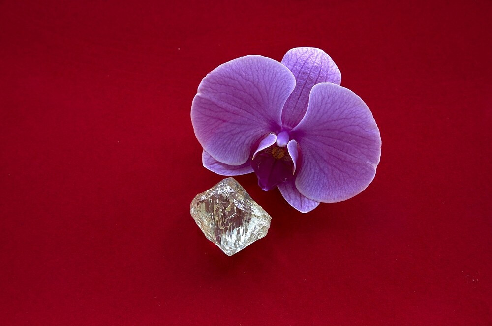 俄罗斯钻石开采商 Alrosa 在俄罗斯 Udacnhaya 金伯利岩管开采的一颗重达 232ct 的钻石原石，正八面体晶形，尺寸为40х39х23mm，带有黄色调