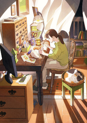 少女 猫咪 插画 By_Kaisen Tobiuo
