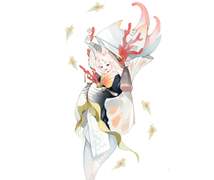 灵海蝶(cv:和气杏未)

诞生时便被抛弃的体弱多病的孩子，
多年前流落到铃鹿山，被大岳丸救起，在那里度过了一段快乐而短暂的时光。
直至久病难愈，魂归蔚蓝寂海。
世事流转变迁，山麓沉海，浊海化净天，
无数同样流浪的小小海灵拼凑成新的身体，
她便抱起尚未送出的礼物，乘着潮汐，
循着月光的指引，踏上回家的路。