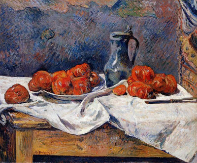 保罗·塞尚《Tomatoes and a pewter tankard on a table》，布面油画，60×73.5cm，1883年