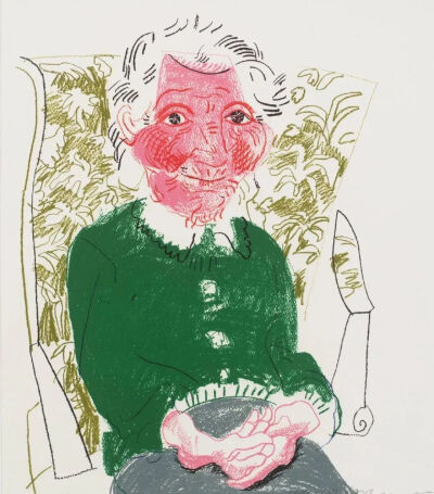 大卫·霍克尼《母亲的肖像》（Portrait of Mother I），蜡笔、纸，51.2×43.5cm，1986年