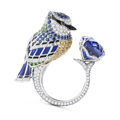 Boucheron 宝狮龙「Animaux de Collection」山雀 Meisa 白金戒指 主石为一颗7.4ct的椭圆形切割坦桑石，点缀圆形切割钻石、蓝宝石、黄色蓝宝石、黑色蓝宝石、沙弗莱石，缟玛瑙和青金石