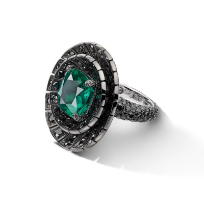 de Grisogono 瑞士「Technicolor」灵感源自1920年代的早期彩色电影胶片技术「特艺彩色」白金戒指 主石为一颗11.60ct的枕形切割哥伦比亚祖母绿，点缀532颗圆形切割黑钻