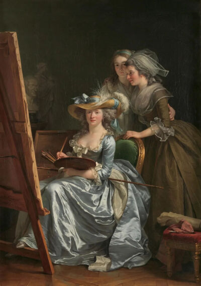 阿德莱德选择描绘工作主题而非单纯人物肖像或静物画，体现出她投身艺术事业的决心和勇气。/《与两个学生的自画像》/1785 年/阿德莱德·拉比耶·吉亚德/藏于纽约大都会博物馆

