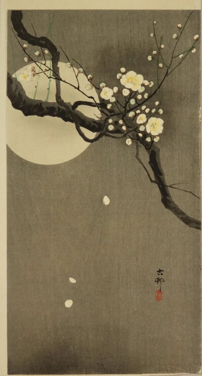 小原古村（Ohara Koson）《Moon Over White Plum》，木刻版画，36.2×19.2cm，1910年
