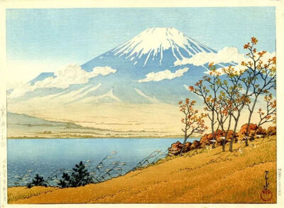 川濑巴水《Fudo Hill, Lake Yamanaka》，木刻版画，30.4×40.6cm，1936年，乔布斯赠送给比尔的新婚礼物。