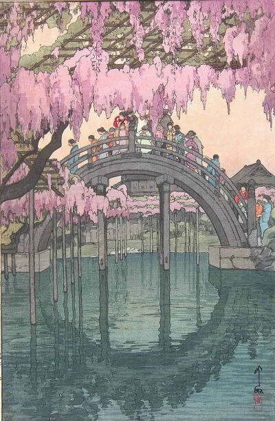 吉田博《Drum bridge at Kameidô shrine Tokyo》，木刻版画，1927年