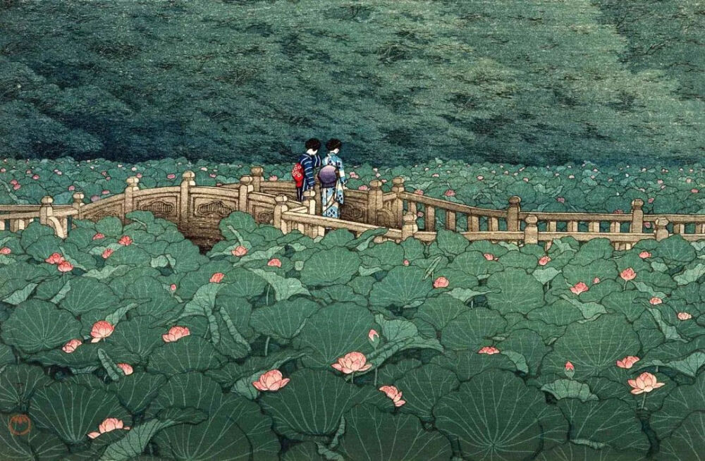 川濑巴水《The Pond at Benten Shrine in Shiha》，木刻版画，1929年