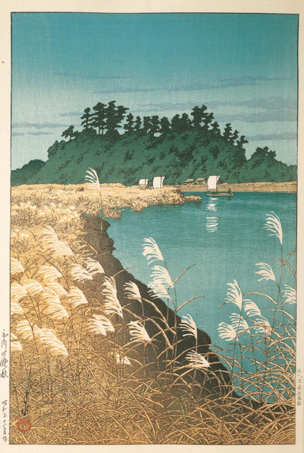 川濑巴水《Late Autumn in Ichikawa》，木刻版画，1930年