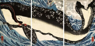 歌川国芳还有不少大场景作品
大多表现了日本武士与深海巨兽的搏斗场面
在类似的画作中
歌川国芳借鉴了西方百科全书的生物描绘
让他笔下的动物生动震撼，一点也不突兀怪异