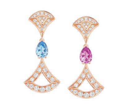 Bulgari 宝格丽「Divas'Dream」系列以「古罗马卡拉卡拉浴场」马赛克地砖为灵感诠释「扇形」图案 玫瑰金挂坠项链、戒指、手镯、耳坠 镶嵌粉色碧玺、绿色碧玺、锰铝榴石、蓝色托帕石和紫水晶，点缀圆形切割钻石
