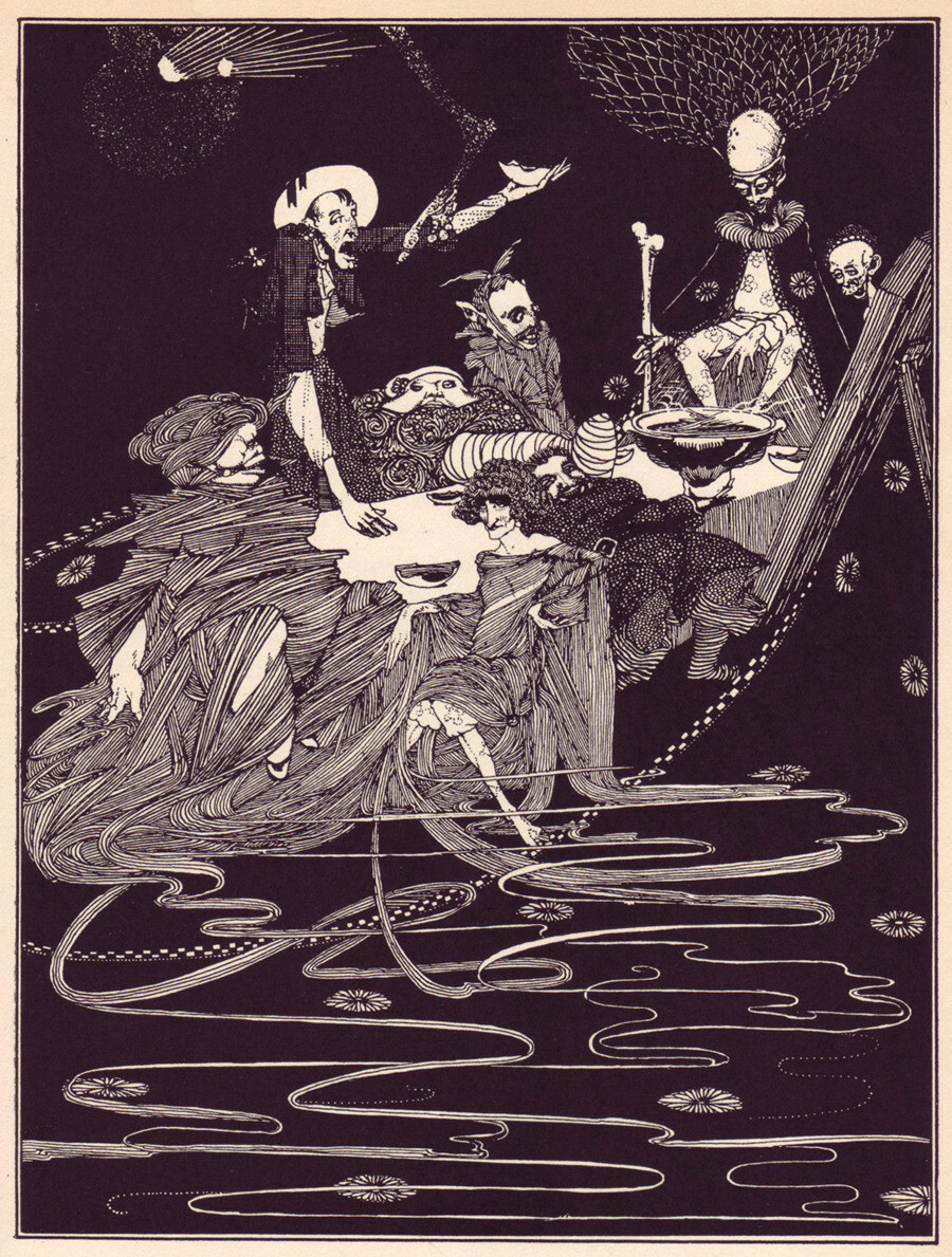 "Avast there a bit, I say, and tell us who the devil ye all are!" (Bon-Bon)
Harry Clarke's Illustrations for Poe's Tales of Mystery and Imagination (1919)