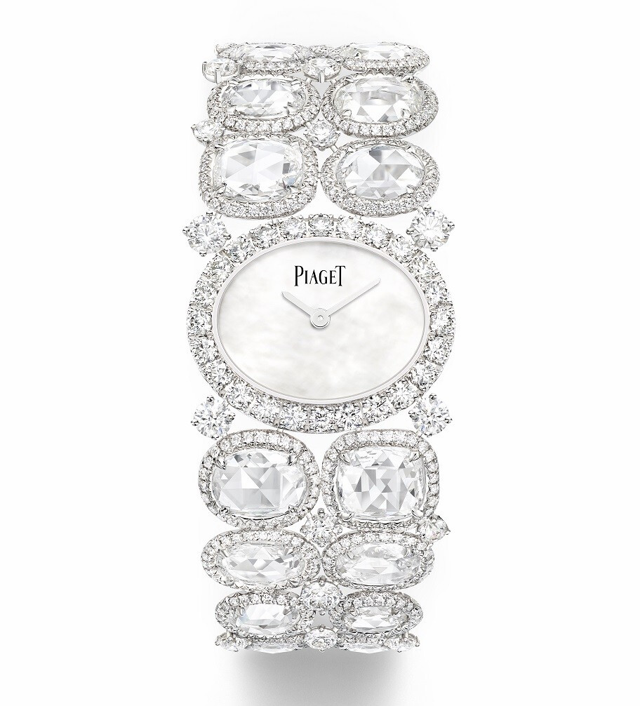 Piaget 伯爵「Sunlight Escape」Mirror of Lights 珠宝腕表 白金表壳，白色珍珠母贝表盘，表圈和表链部分镶嵌玫瑰式切割、明亮式切割、椭圆形切割钻石，搭载石英机芯