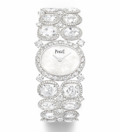 Piaget 伯爵「Sunlight Escape」Mirror of Lights 珠宝腕表 白金表壳，白色珍珠母贝表盘，表圈和表链部分镶嵌玫瑰式切割、明亮式切割、椭圆形切割钻石，搭载石英机芯