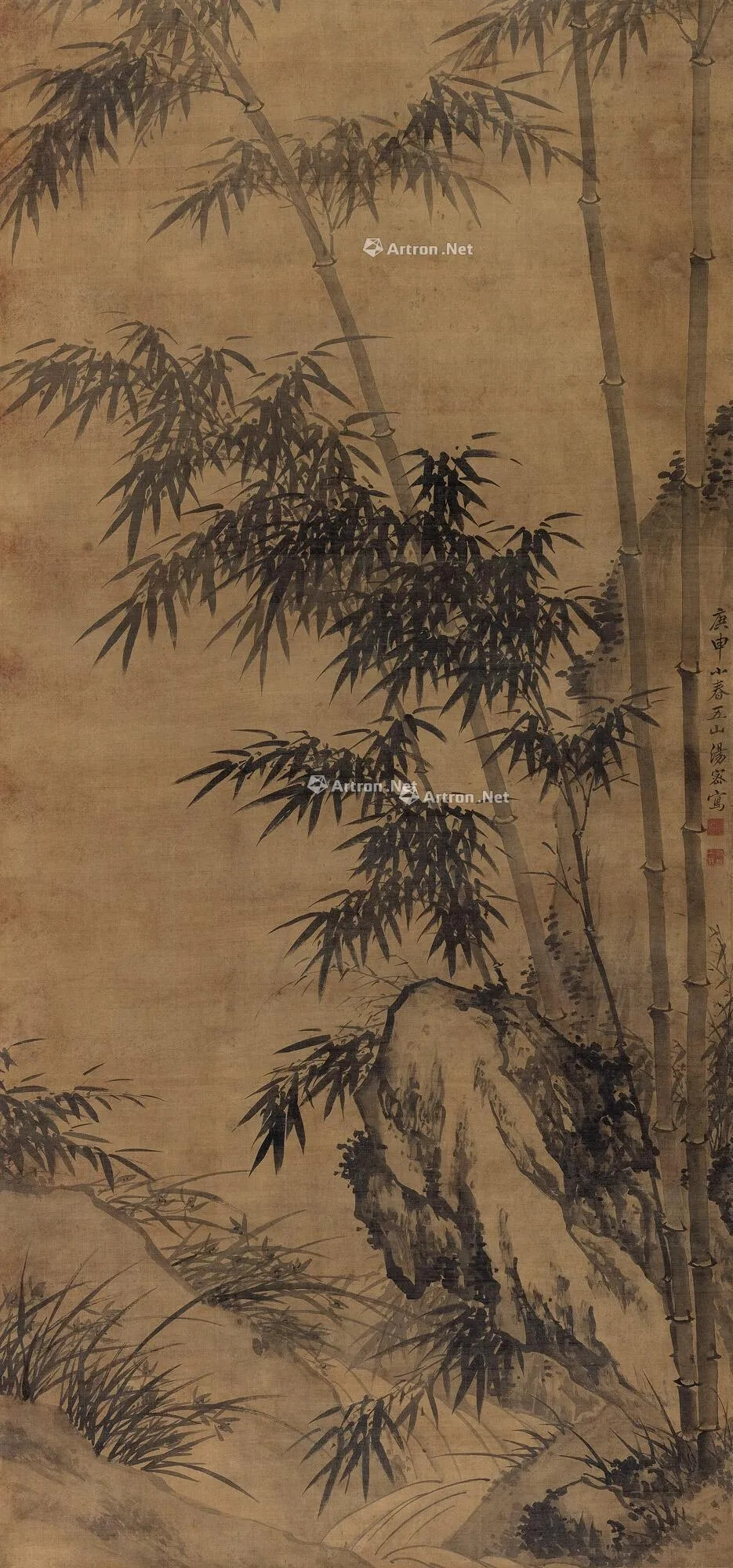 清 汤密 庚申（1740年）作 墨竹图 立轴
材质：水墨绢本
形制：立轴
题识
钤 ?。禾烂苤?、别号入林
题 识：庚申小春，五山汤密写。