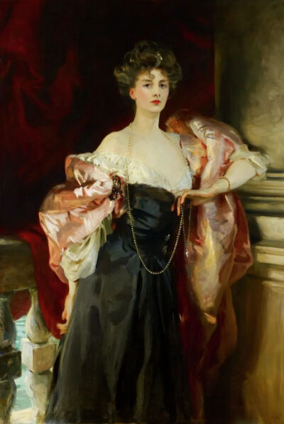 油画肖像描绘了佩戴珍珠项链的社交名流| Lady Helen Vincent, Viscountess D’Abernon, 1904. Birmingham Museum of Art
