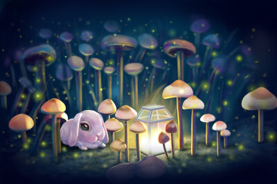 仲夏夜 可爱兔 萤火虫 蘑菇丛 灯 插画