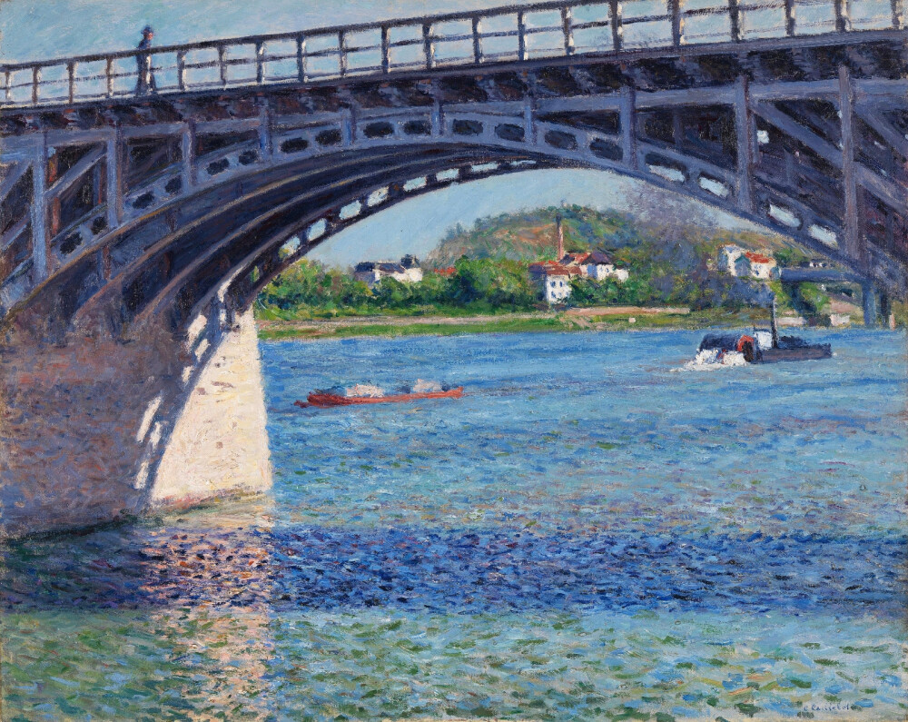 亚嘉杜的塞纳河和铁桥（Bridge at Argenteuil and the Seine）
古斯塔夫·卡耶博特1883
名称：亚嘉杜的塞纳河和铁桥
英文名称：Bridge at Argenteuil and the Seine
创作者：古斯塔夫·卡耶博特
创作日期：1883
实际尺寸：65.5 x 81.6 cm
类别：建筑
材质：布面油画
位于：英国-伦敦国家画廊