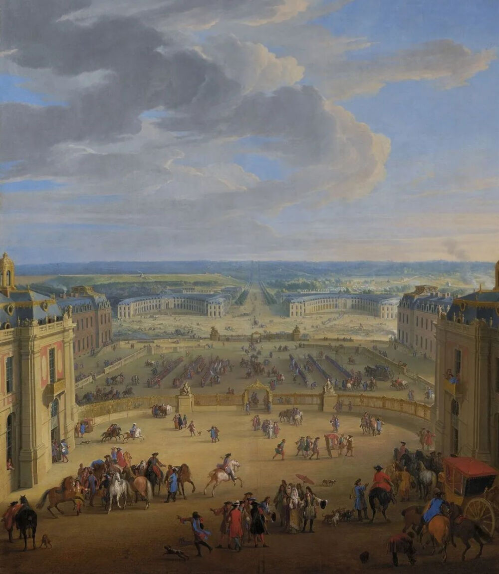 jean-baptiste martin的油画《从凡尔赛宫看马厩》中,细腻表现了宫外