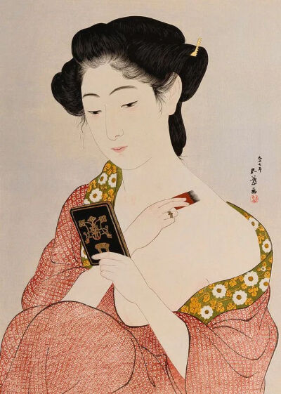 橋口五葉《A Woman in Underclothes》，木板彩画，1918年
 