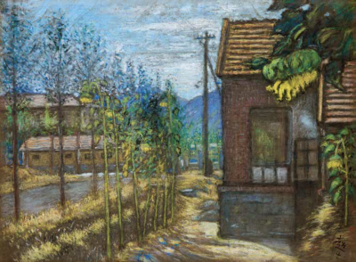 李超士《瓦舍葵花》，纸本色粉，28×38cm，1955年，嘉德春拍估价：80万-100万人民币