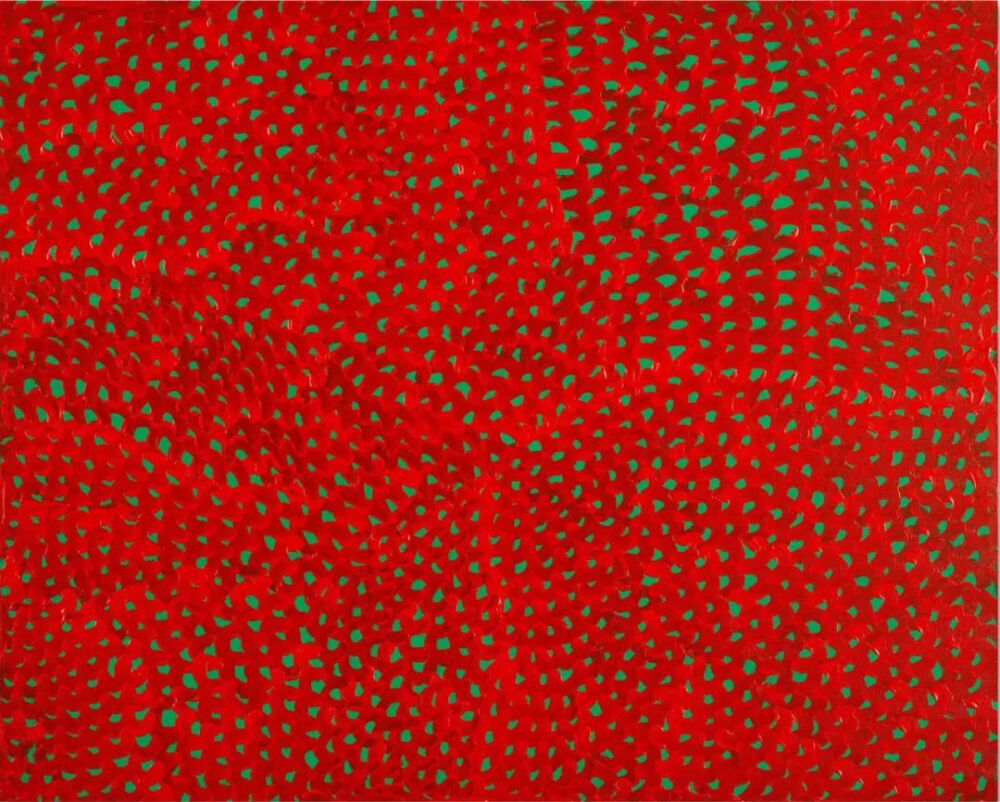 草间弥生《Infinity Nets (Xaz)》，亚克力油画，73×90.8cm，1999年，估价：60万-80万英镑，流拍