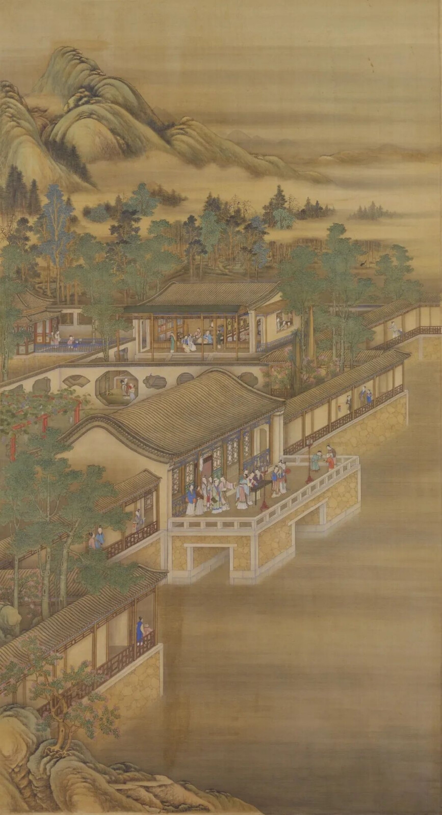 郎世宁《雍正十二月行乐图》之“七月乞巧”，绢本设色，188×102.2cm，清代，北京故宫博物院藏