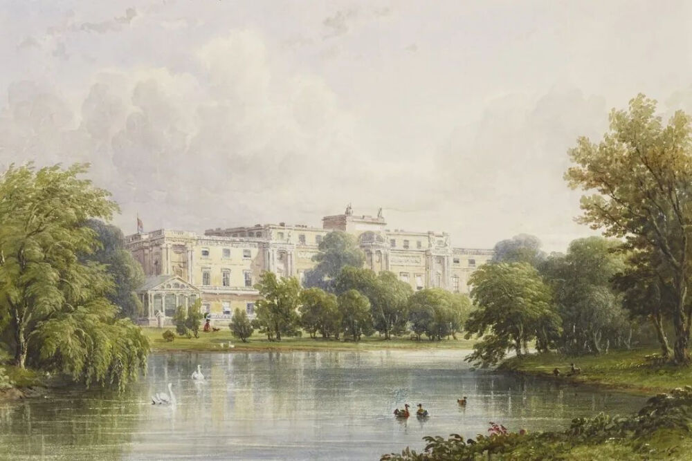 画面描绘了花园景致映衬下的白金汉宫｜The Garden Front of Buckingham Palace, 17 Aug 1839, Caleb Robert Stanley, the Royal Collection Trust