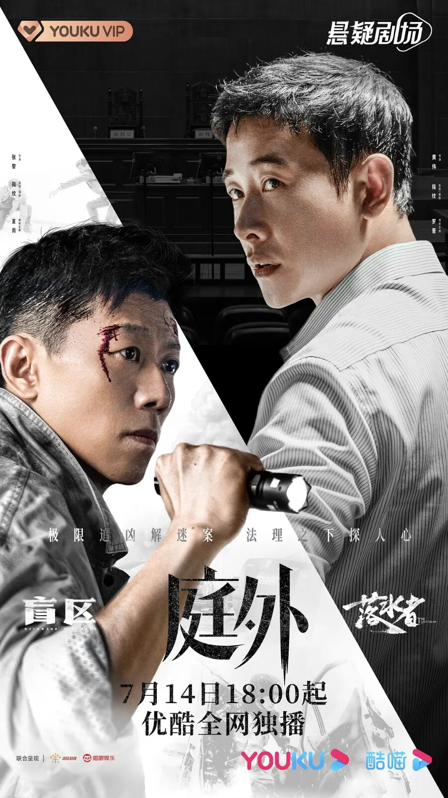 庭外，两个篇章，盲区比落水者好，值8分，不是因为演技，两个主演风格相似，夏雨更自然收敛，也许是人设区分，落水者剪辑眩晕，过于炫技，蒙太奇，太过反而繁复令人混乱，剧情情绪没有很通畅，细节过于隐晦容易云里雾里。盲区较好地圆了故事，没有明显的逻辑漏洞，没有太过于显摆，又较好地拿捏观众的情绪，适时地给出了答案，观剧体验舒畅，曲折的和多线并行的查案过程，真实又戏剧，还能梳理回味。女角色线上，落水者中都有点用力过猛，没有角色踩刹车，盲区里面平衡地还可以，角色互相牵制，萧臻作为配角还是比较出彩。落水者三兄弟的互动是真的很有意思很搞笑，李宗翰真演挺好，律师人设过于丰富了，乔后期往小人物上靠还是不错的。总体7.5/10