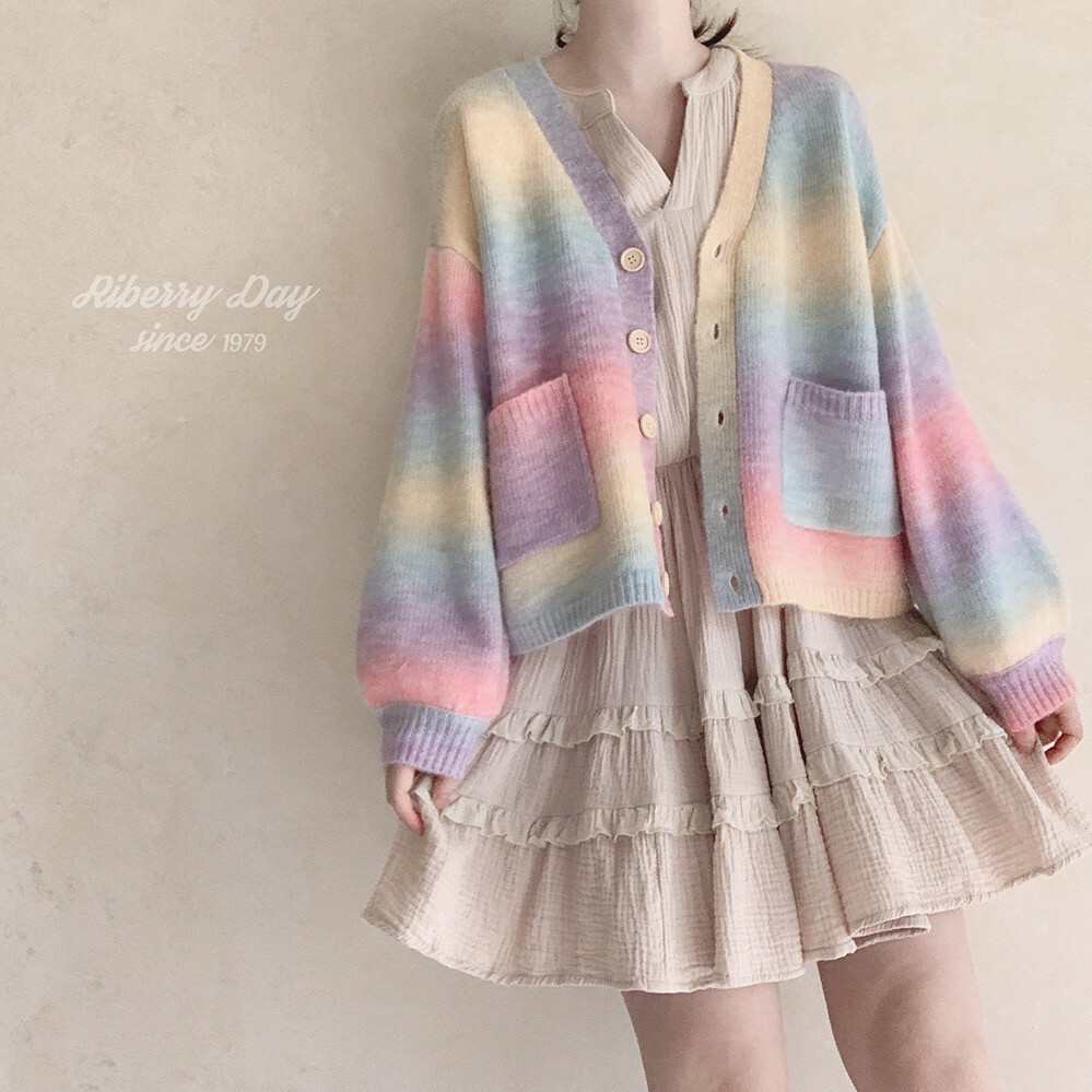 *彩虹渐变色 V领 宽松 针织开衫毛衣 K