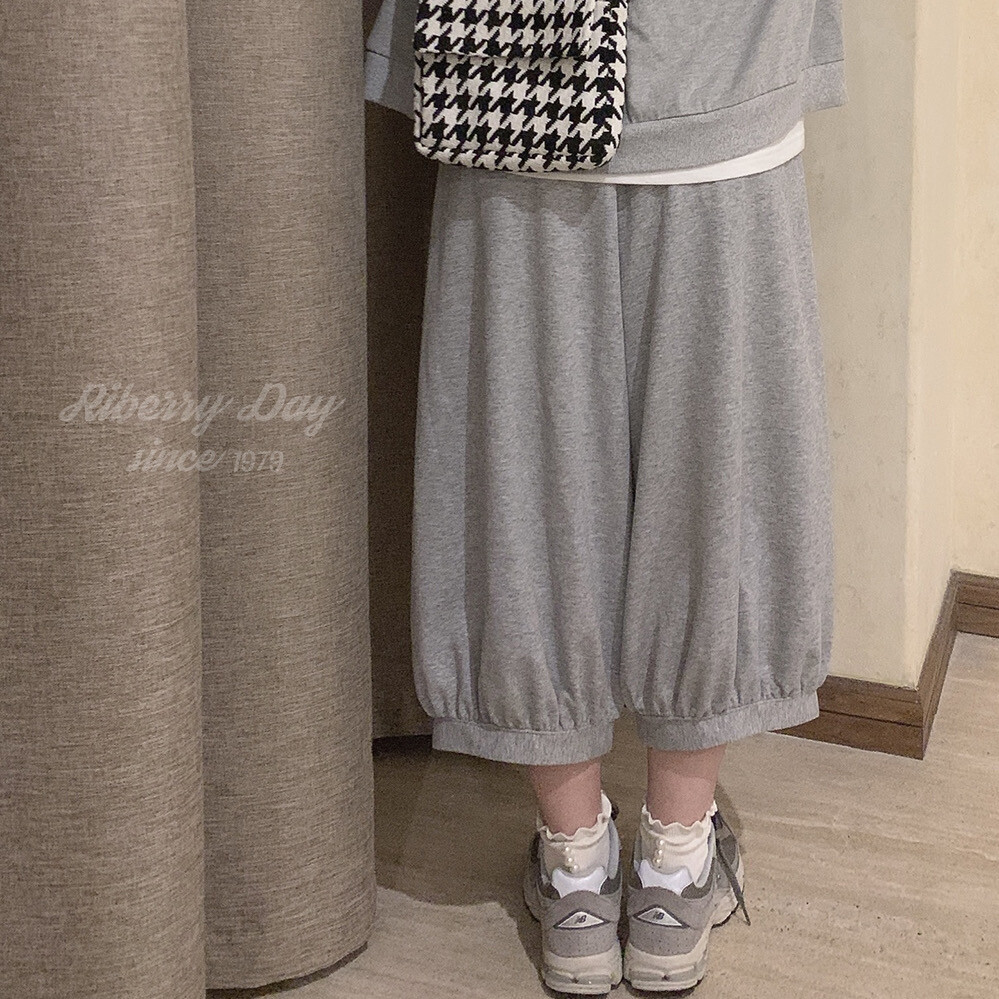 春夏薄款 懒人休闲 麻灰色 咖色 宽松直筒灯笼裤 柔软长裤 W