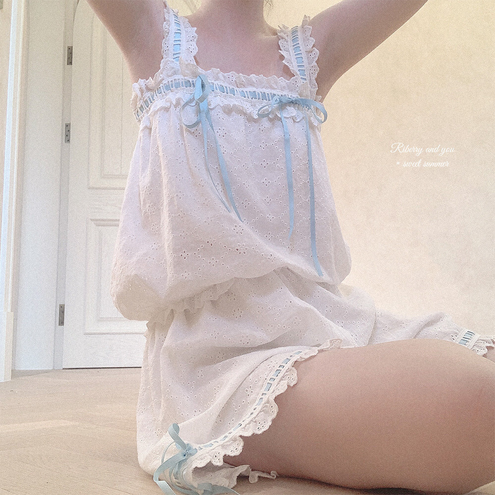 *复古法式少女 满幅刺绣 蕾丝花边 白色棉布 居家睡衣套装 H