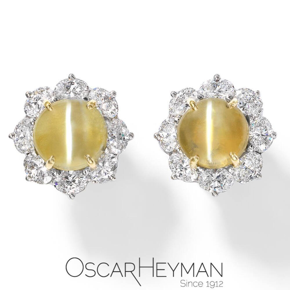 Oscar Heyman 白金耳钉 猫眼金绿石 奶茶色 蜂蜜色 the perfect milk and honey coloring on these Cat's-Eye Chrysoberyl Entourage Earrings